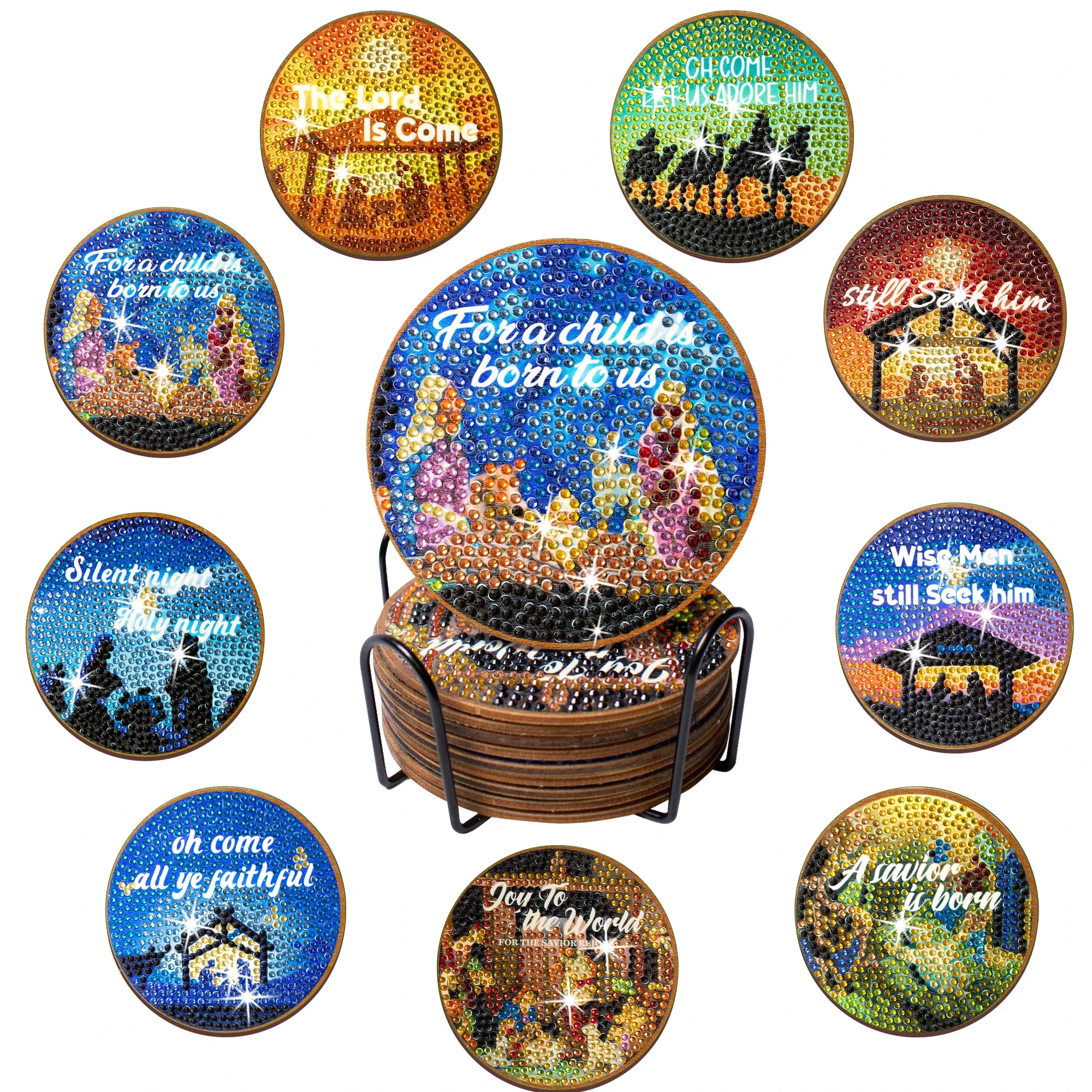 10pcs/Set DIY Christmas Diamond Painting Coasters with Holder Wood Tablemat Diamond Art Kits for Adults Christmas Coasters