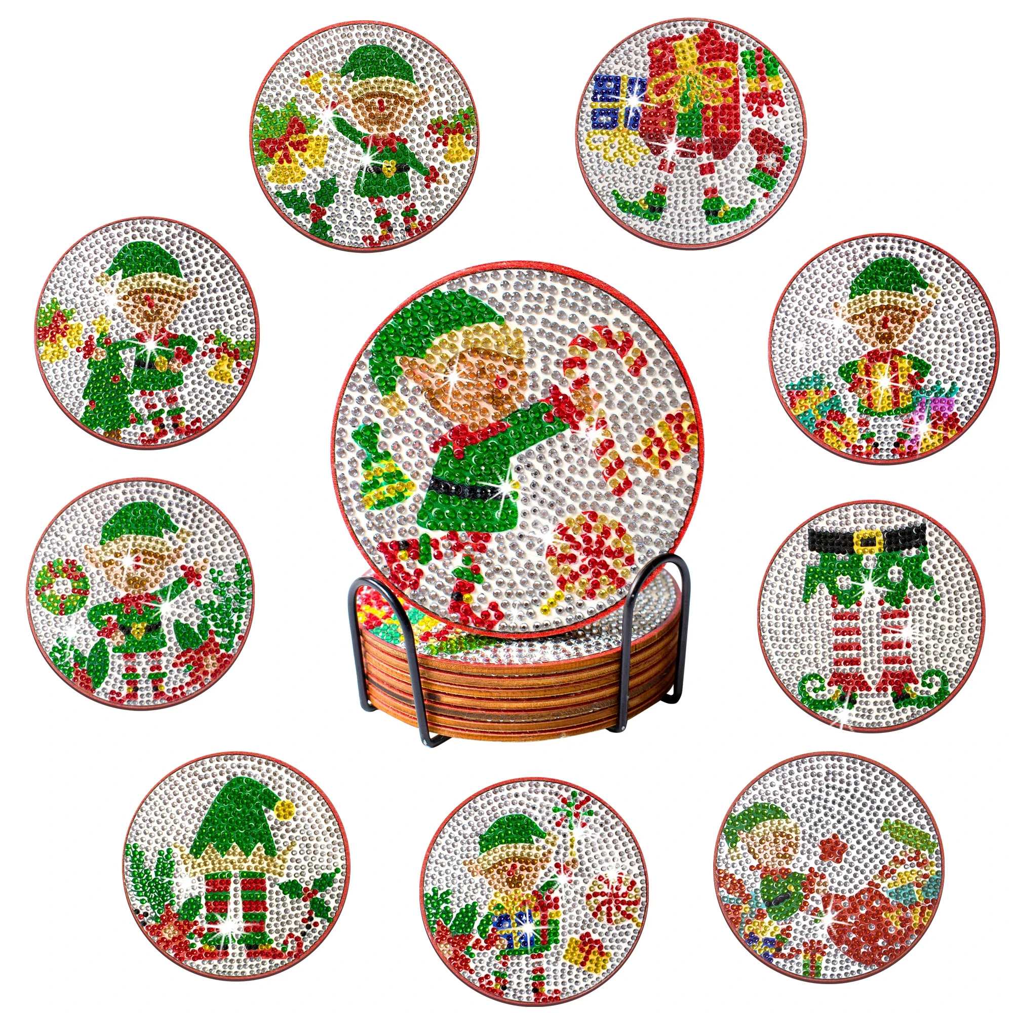 10pcs/Set DIY Christmas Diamond Painting Coasters with Holder Wood Tablemat Diamond Art Kits for Adults Christmas Coasters