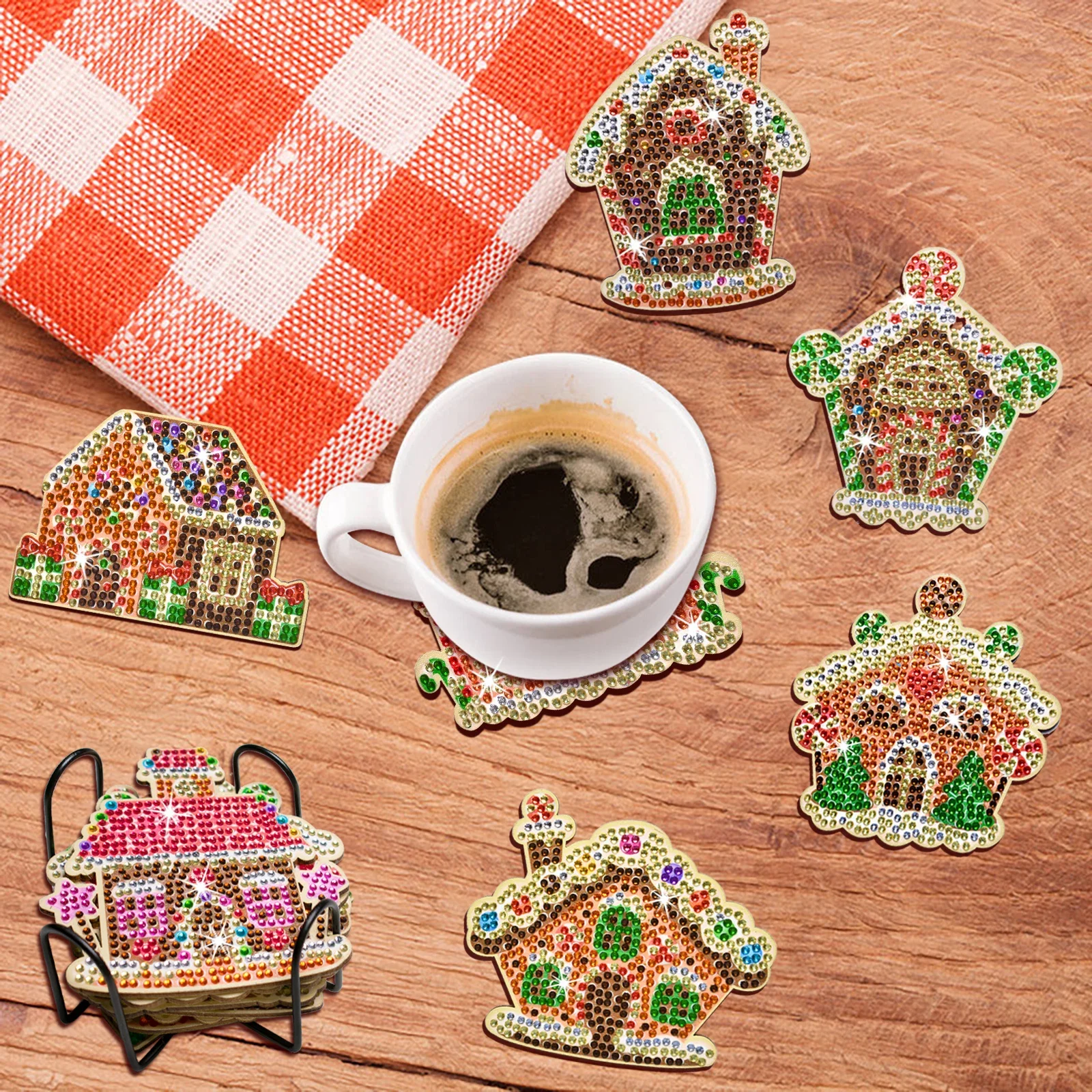 10pcs/Set DIY Christmas Diamond Painting Coasters with Holder Wood Tablemat Diamond Art Kits for Adults Christmas Coasters