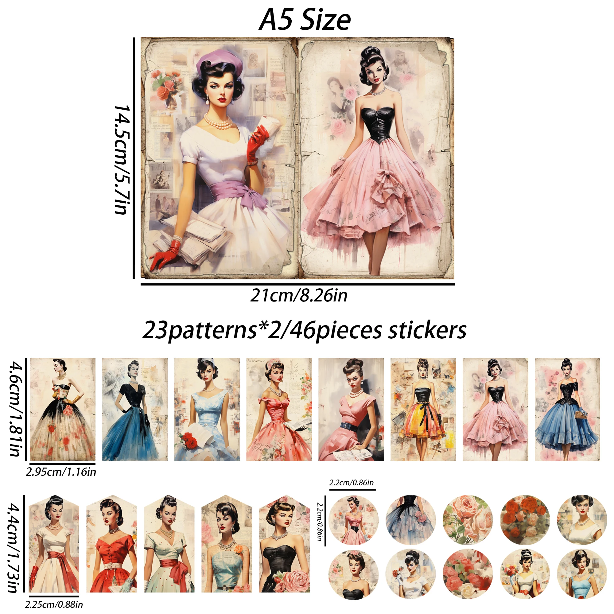 JaiIman 58pieces(12paper+46stickers)Vintage Fashion Girl Theme Junk Journal Set,Perfect for Mini Gift Packaging,Journal Supplies