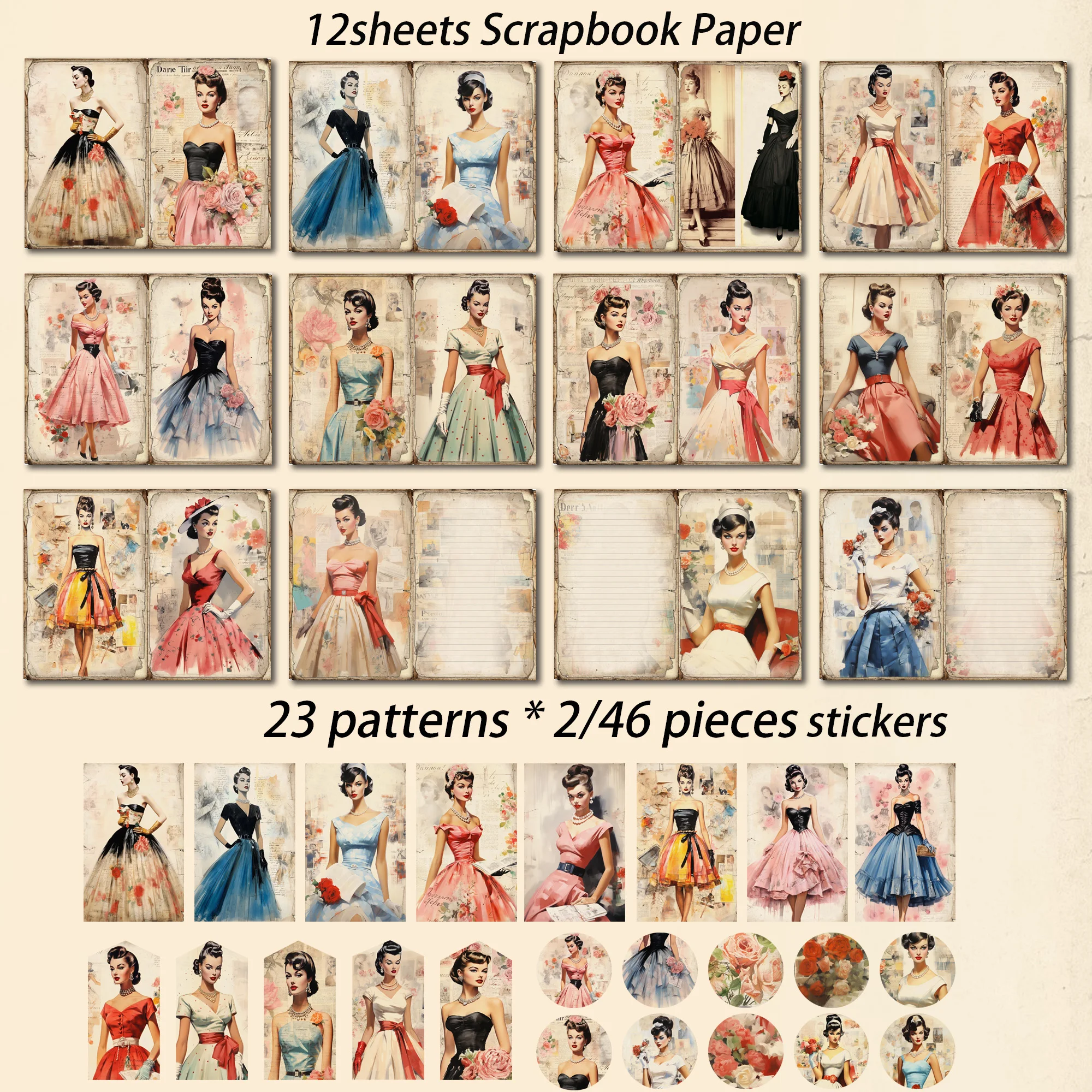 JaiIman 58pieces(12paper+46stickers)Vintage Fashion Girl Theme Junk Journal Set,Perfect for Mini Gift Packaging,Journal Supplies