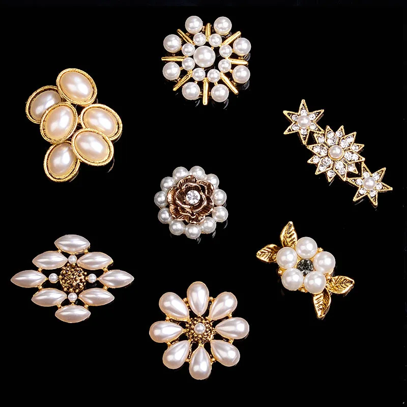 10pcs/lot Alloy Rhinestone Pearl Buttons Girl Hair Wedding Invitation Card Decorative Buttons Dress Crafts Jewelry Accessories