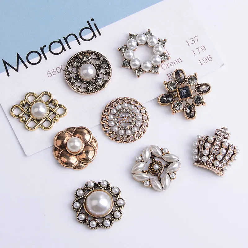 10pcs/lot Alloy Rhinestone Pearl Buttons Girl Hair Wedding Invitation Card Decorative Buttons Dress Crafts Jewelry Accessories