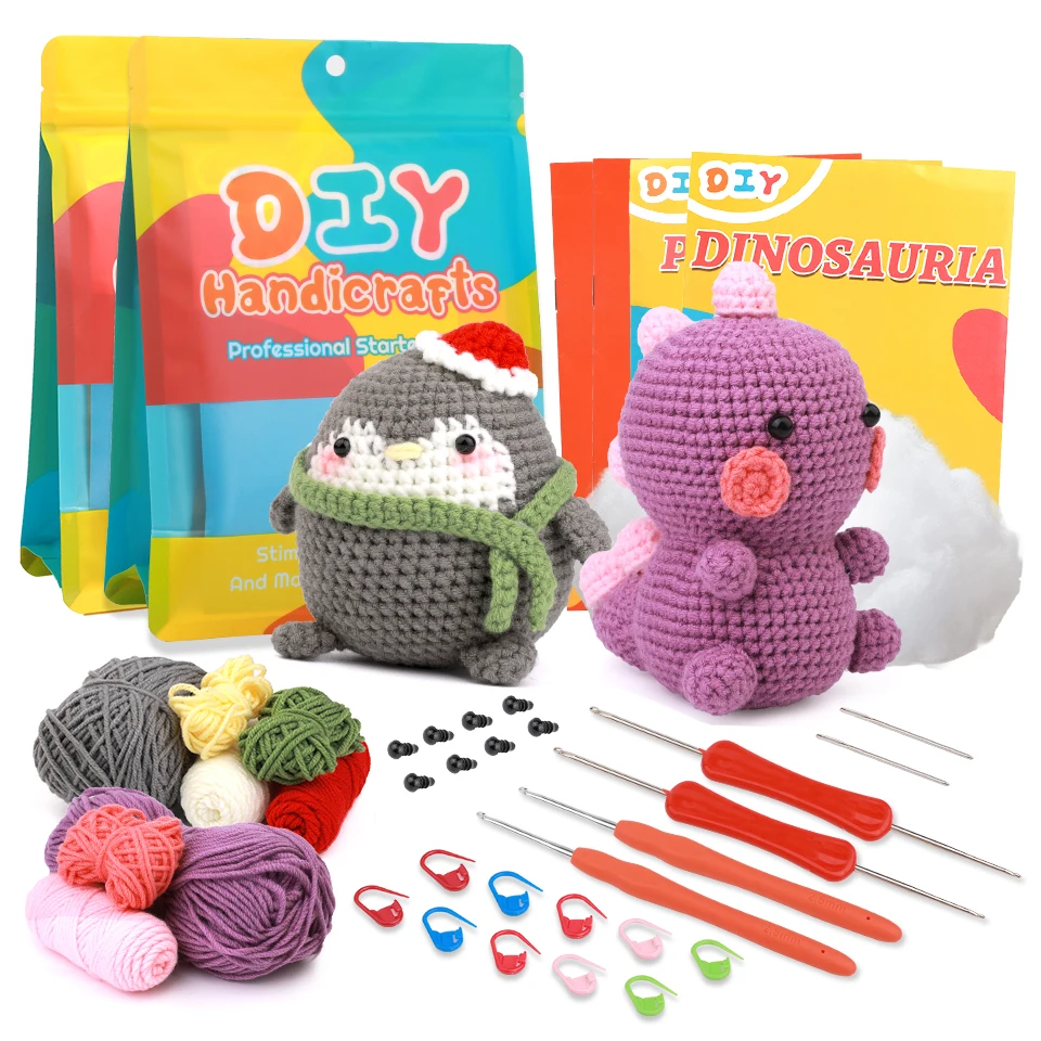 KRABALL Penguin Dinosaur DIY Animal Beginners Kniting Kit for Adults and Kids with Crochet Hook Accessories and Instructions