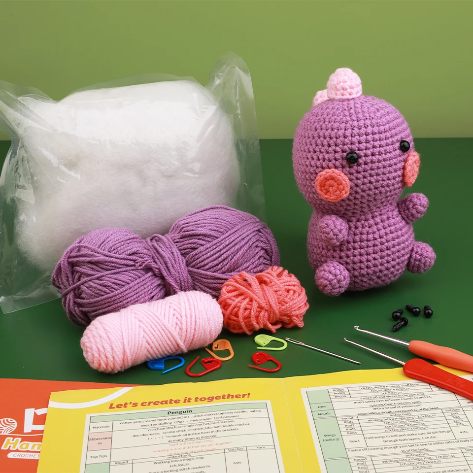 KRABALL Penguin Dinosaur DIY Animal Beginners Kniting Kit for Adults and Kids with Crochet Hook Accessories and Instructions