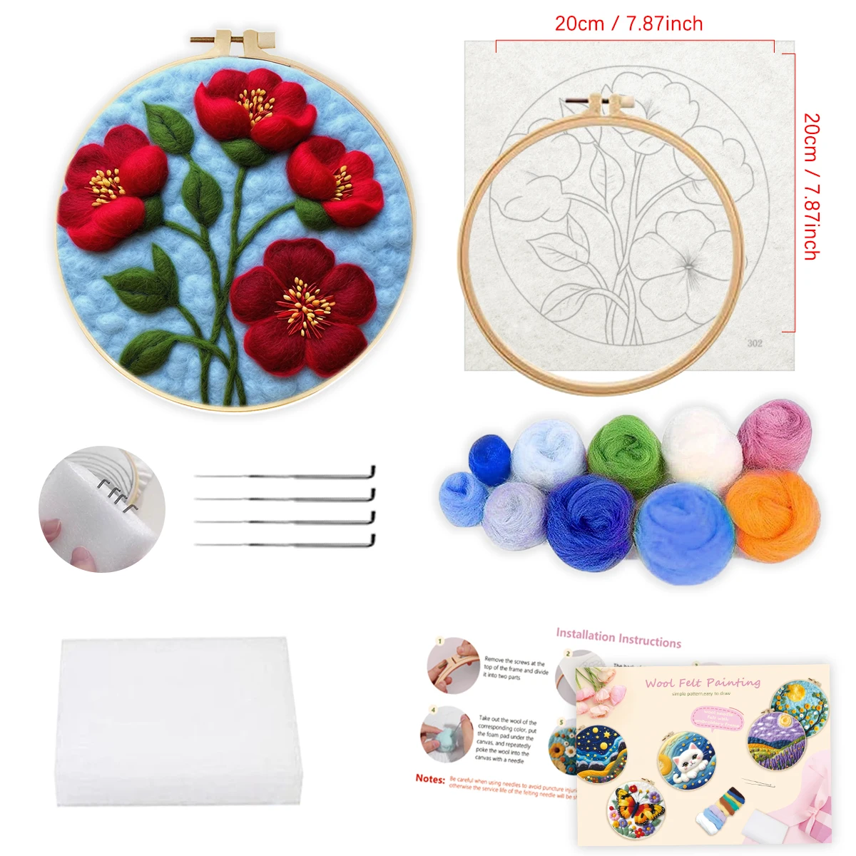 1 Pack Flowers Pattern Needle Felt Starter Kit For Adults Needle Felting Painting Supplies With Picture Frame For Home Crafts