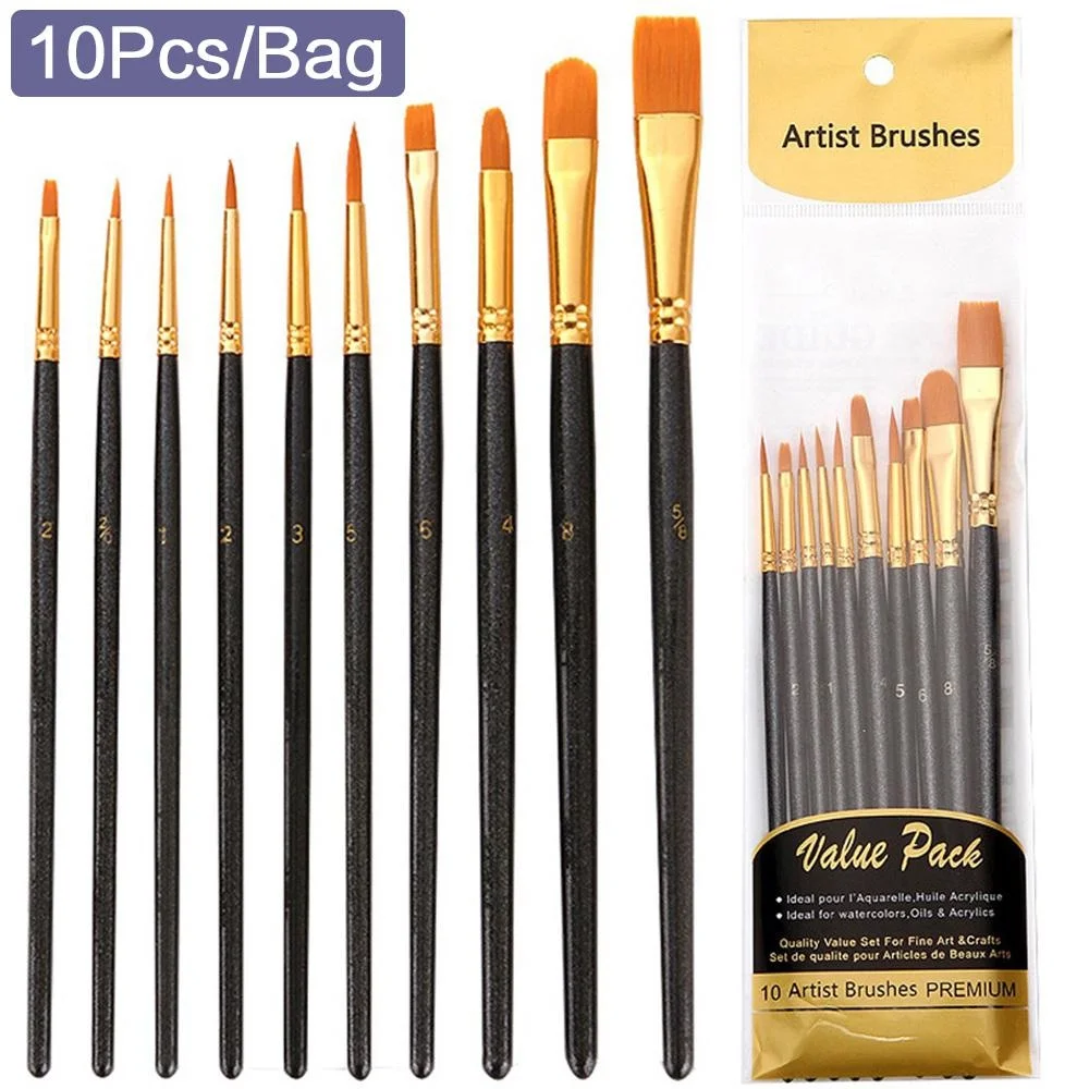 STONEGO 10Pcs/Bag Nylon Paint Brushes Set with Wooden Handles for Watercolor and Acrylic Painting Art Supplies and Stationery