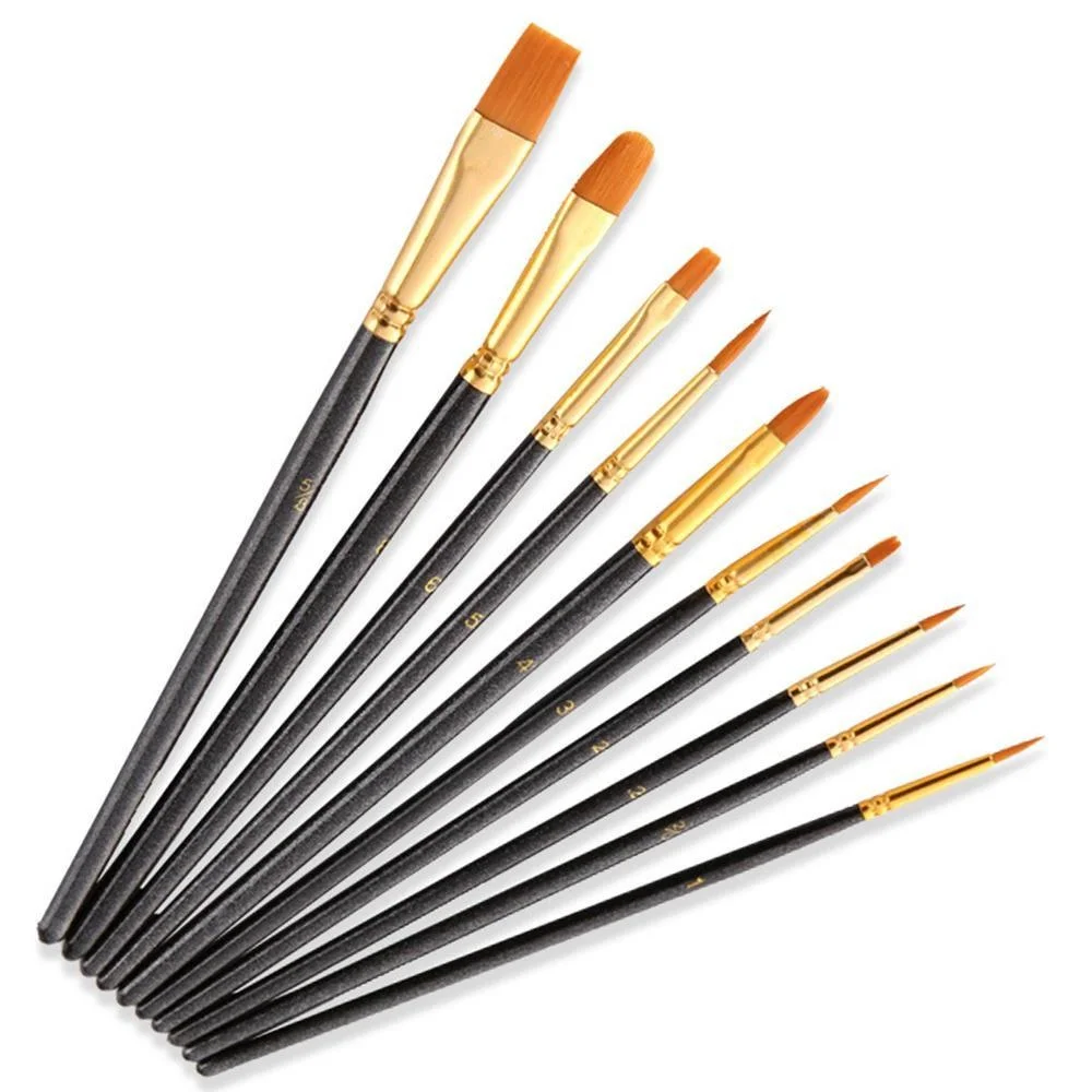 STONEGO 10Pcs/Bag Nylon Paint Brushes Set with Wooden Handles for Watercolor and Acrylic Painting Art Supplies and Stationery