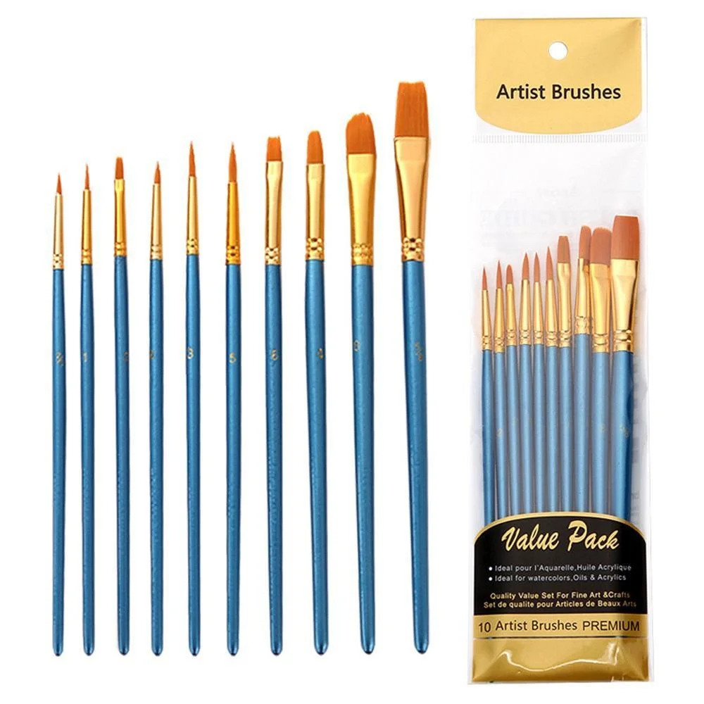 STONEGO 10Pcs/Bag Nylon Paint Brushes Set with Wooden Handles for Watercolor and Acrylic Painting Art Supplies and Stationery