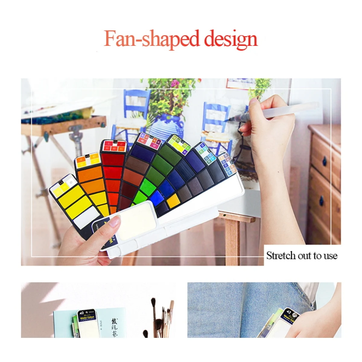 18/24/36/42 Solid Watercolor Pigment Set Foldable Travel WaterColor With Water Brush Pen Art Specific Fan Shaped Painting Tool