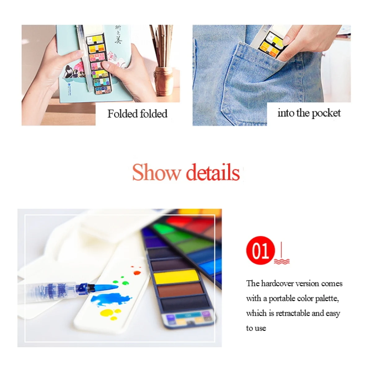 18/24/36/42 Solid Watercolor Pigment Set Foldable Travel WaterColor With Water Brush Pen Art Specific Fan Shaped Painting Tool