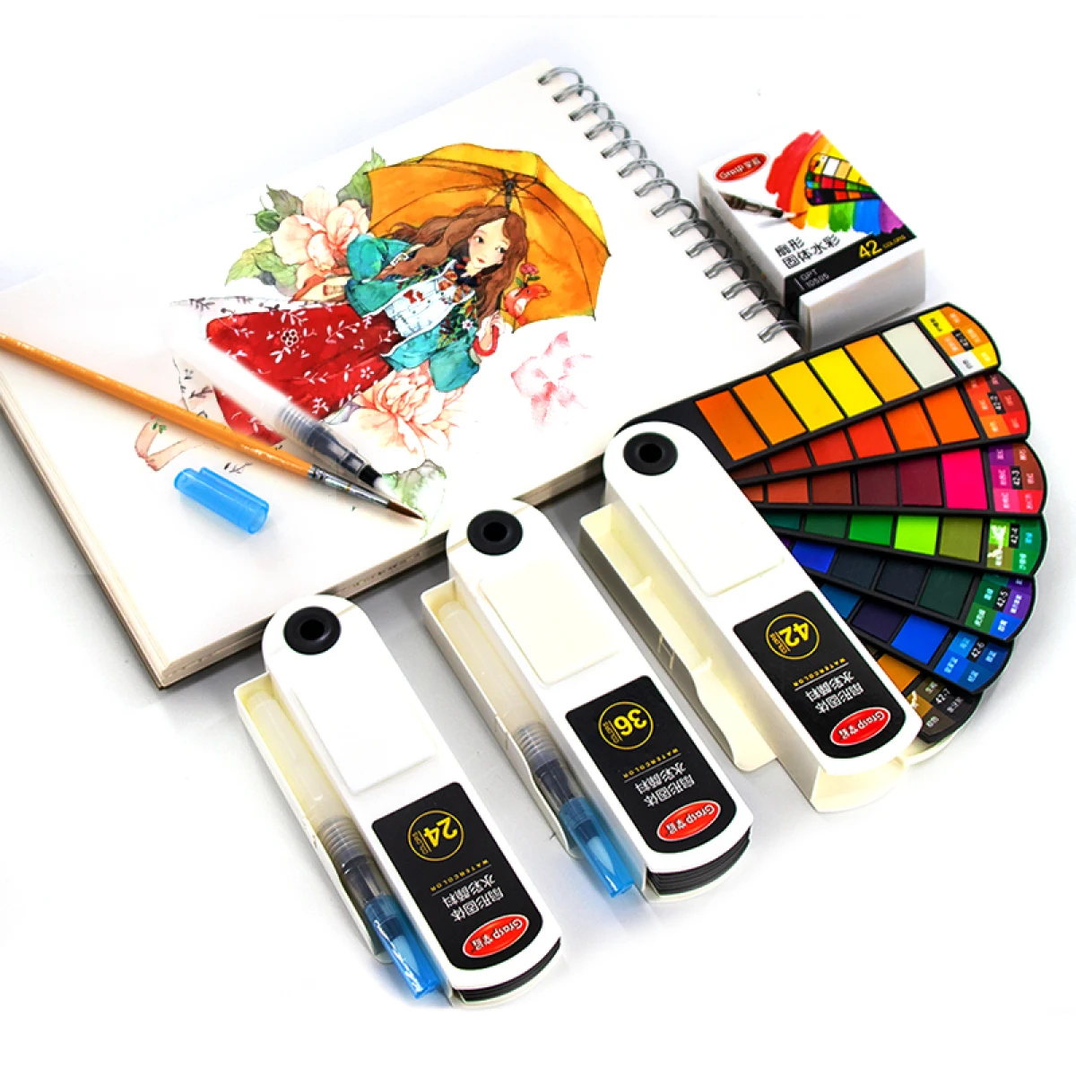 18/24/36/42 Solid Watercolor Pigment Set Foldable Travel WaterColor With Water Brush Pen Art Specific Fan Shaped Painting Tool