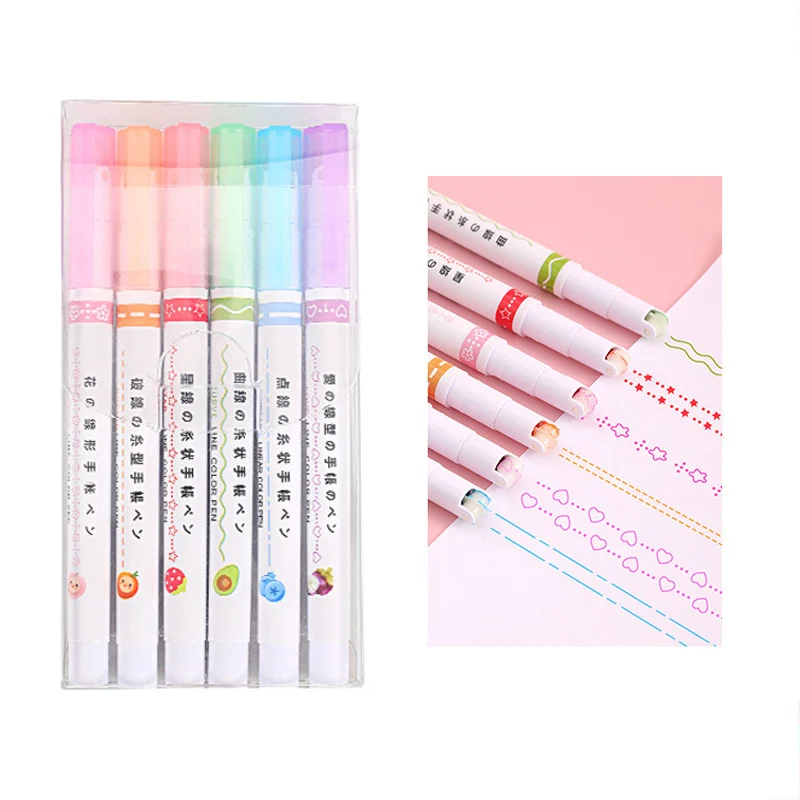 6pcs Curve Wave Line Art Marker Pens Set Color Love Star Cloud Point Stamp Liner Highlighter Pen for Drawing Diary School