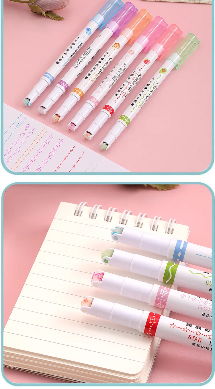 6pcs Curve Wave Line Art Marker Pens Set Color Love Star Cloud Point Stamp Liner Highlighter Pen for Drawing Diary School