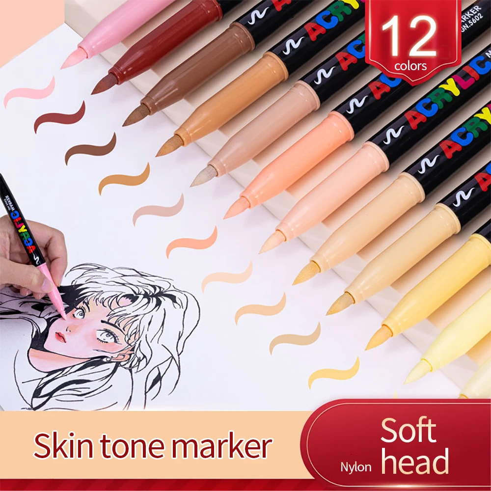 12 Skin Tones Soft Art Markers Acrylic Paint Pens Set for Sketch Portrait Manga Drawing Illustration Sketching Art Supplies