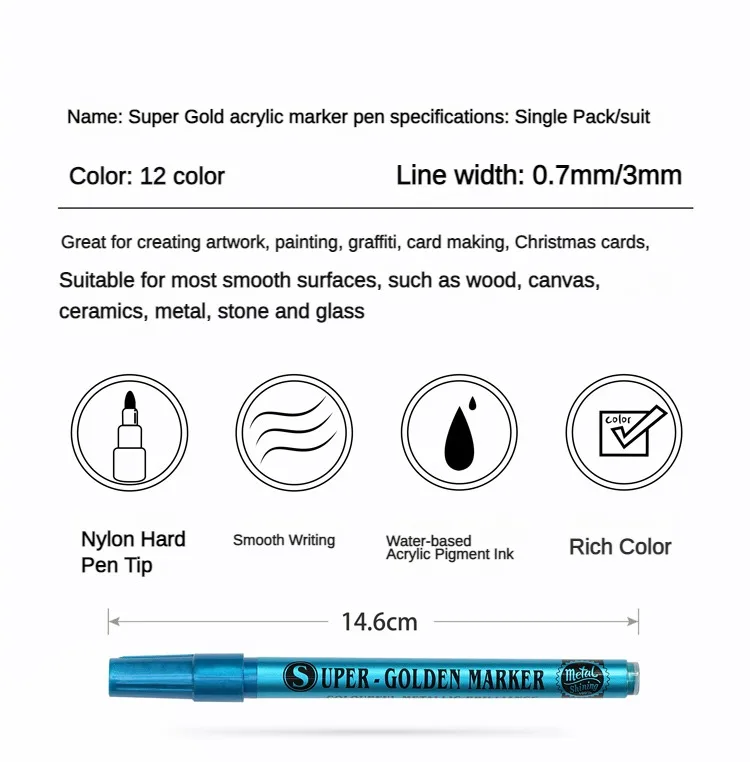 12/18 Metallic Colors Marker Colorful Paint Pen Art Waterproof Highlighter Marker Pen Graffiti Manga Stationery Art Supplies