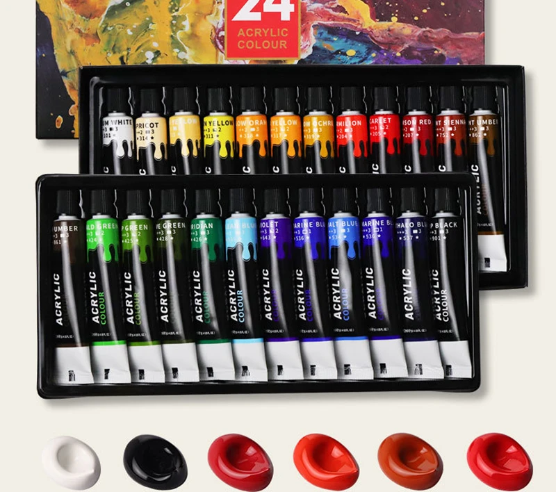 Acrylic Paints Set 12/24 Colors Professional Brush Set 12ml Tubes Artist Drawing Painting Pigment Hand Painted Wall Paint DIY