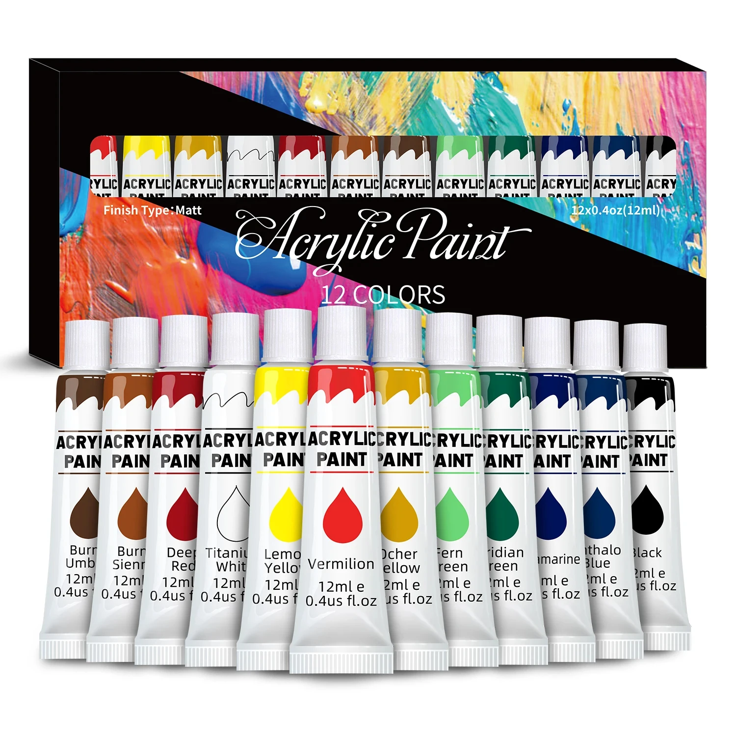 Acrylic Paints Set - 12/24 Colors 12ml Art Painting Kit Supplies for Wood, Canvas, Fabric, Rock, Glass - Non-Toxic Acrylic Paint