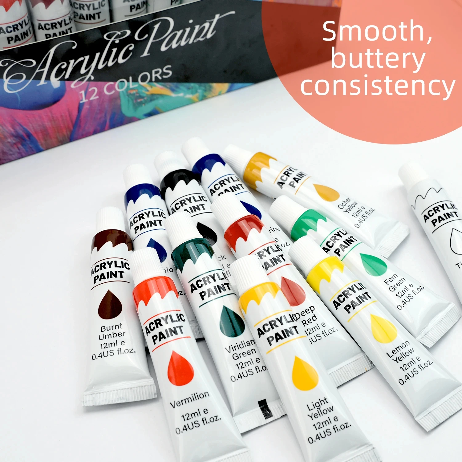 Acrylic Paints Set - 12/24 Colors 12ml Art Painting Kit Supplies for Wood, Canvas, Fabric, Rock, Glass - Non-Toxic Acrylic Paint