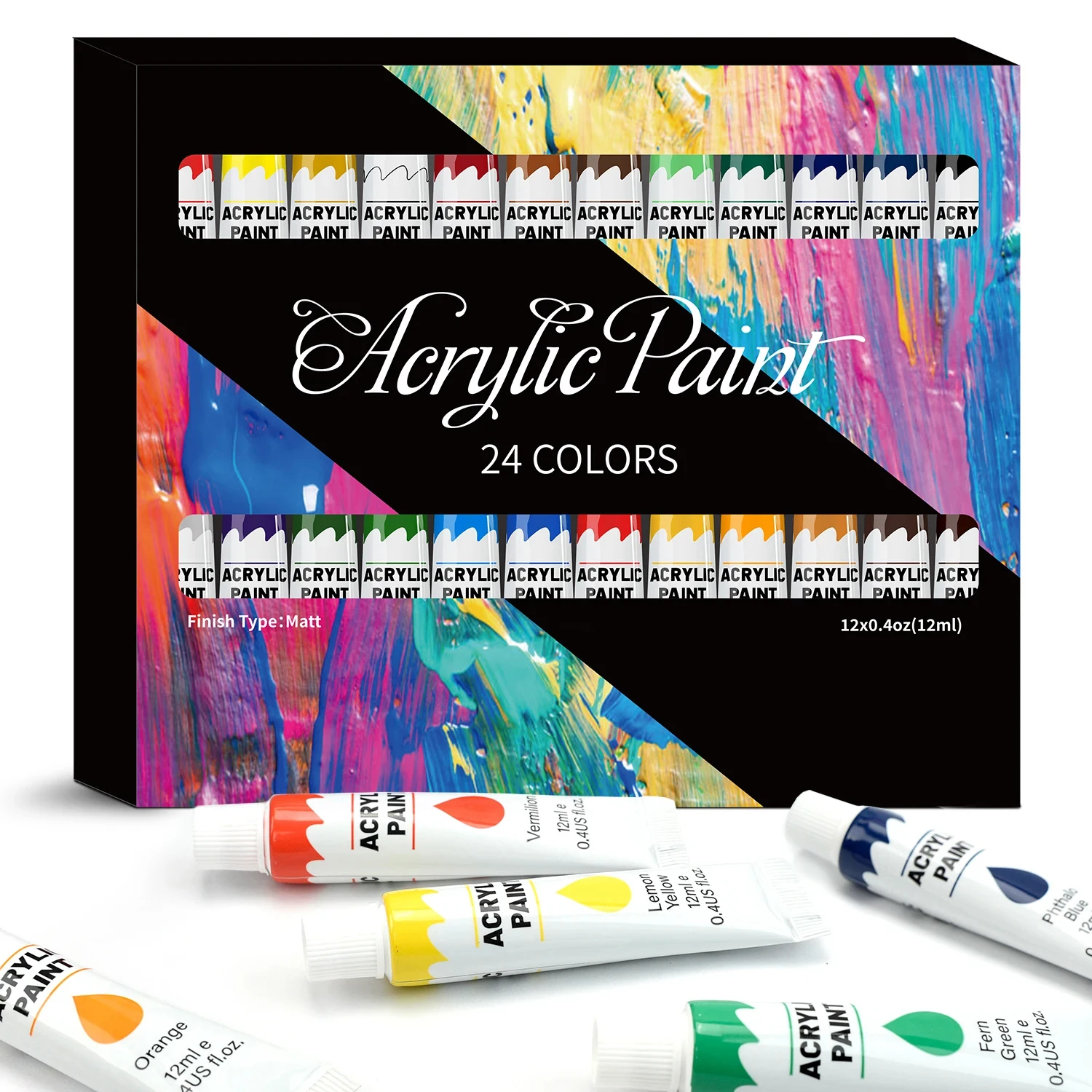 Acrylic Paints Set - 12/24 Colors 12ml Art Painting Kit Supplies for Wood, Canvas, Fabric, Rock, Glass - Non-Toxic Acrylic Paint