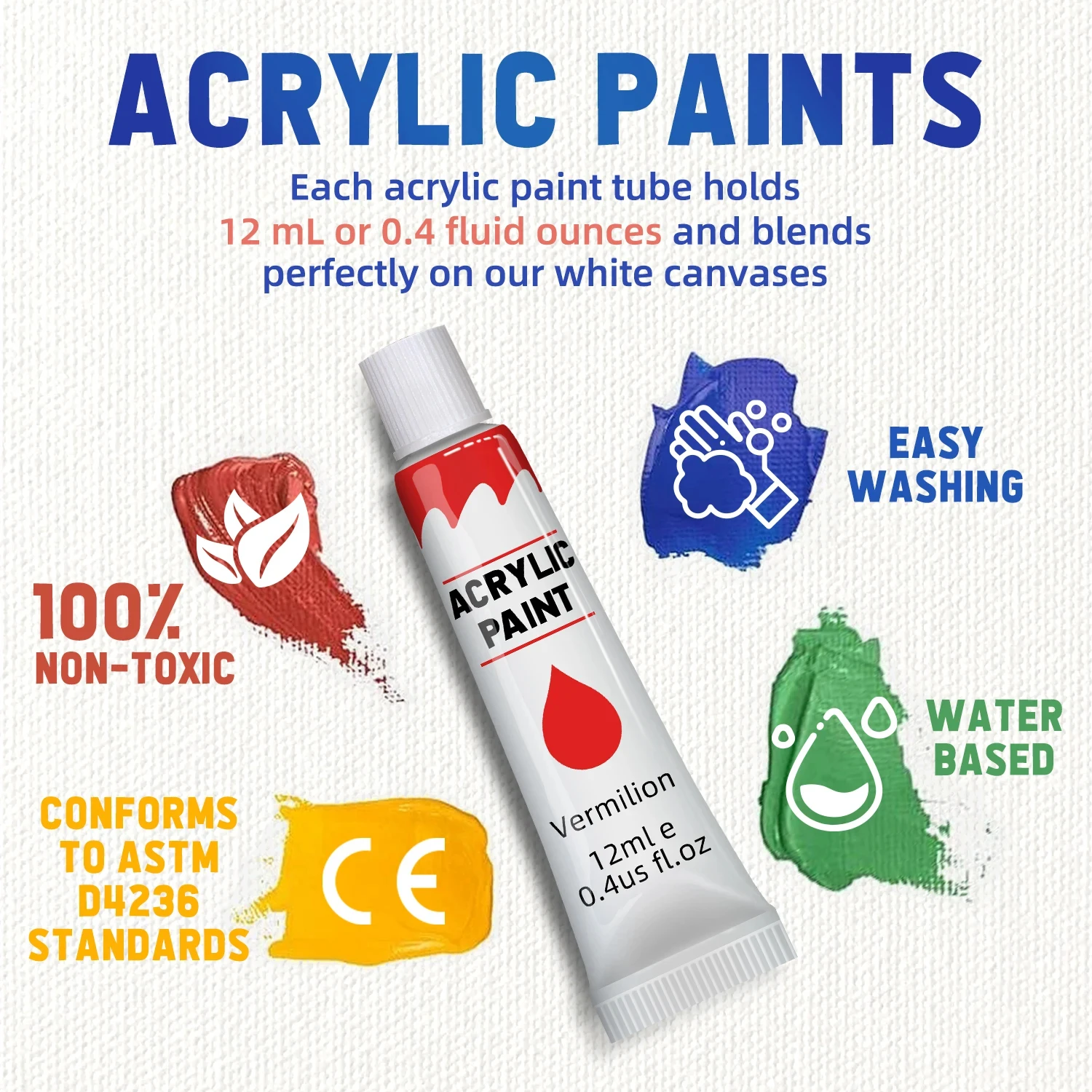 Acrylic Paints Set - 12/24 Colors 12ml Art Painting Kit Supplies for Wood, Canvas, Fabric, Rock, Glass - Non-Toxic Acrylic Paint