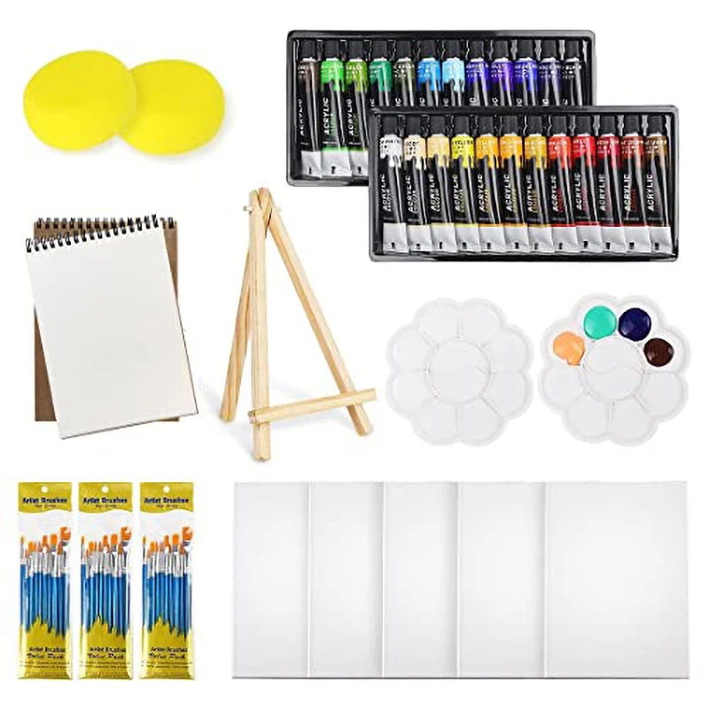 Acrylic Painting Kit with 24 Colors, 30 Brushes, 5 Canvases, 1 Pad, 2 Palette, 2 Sponge & 1 Wood Easel for Beginners Kids Adults