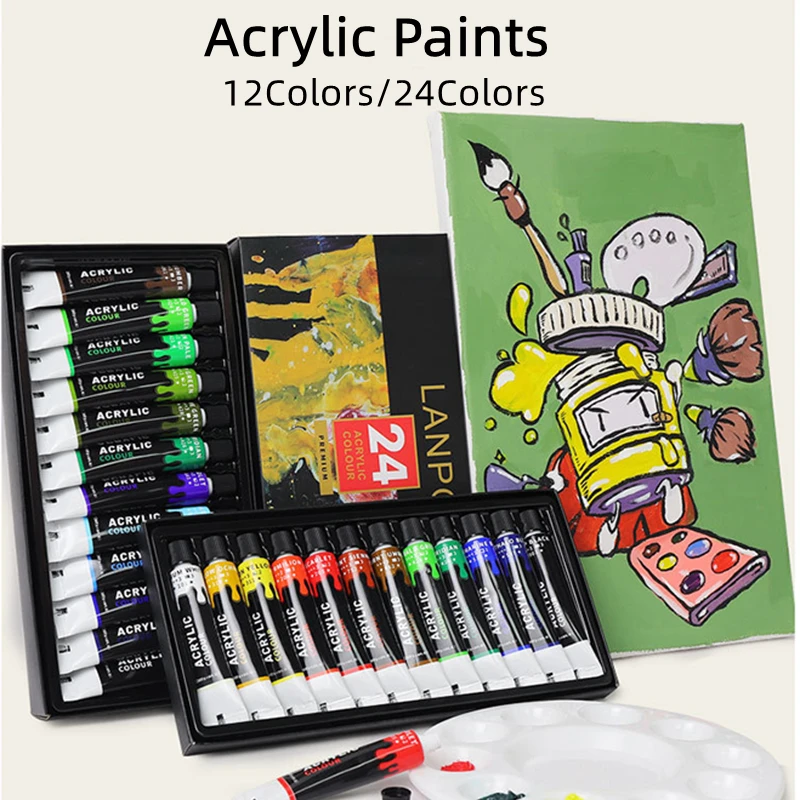 Acrylic Paints 12/24 Colors Professional Set 12ml Tubes Artist Drawing Gouache Fabric Glass Oil water color Paint Art supplies