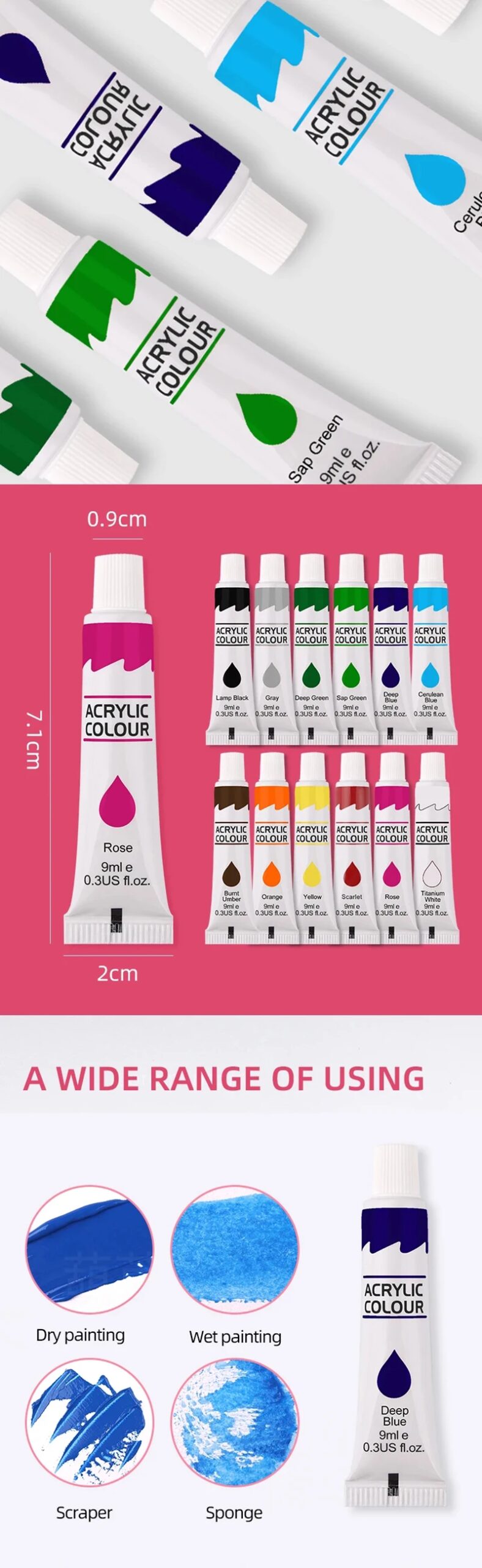 12 Colors 9mL Acrylic Pigment for Student Art, Graffiti Painting, DIY Pigment, Hand Painted Walls