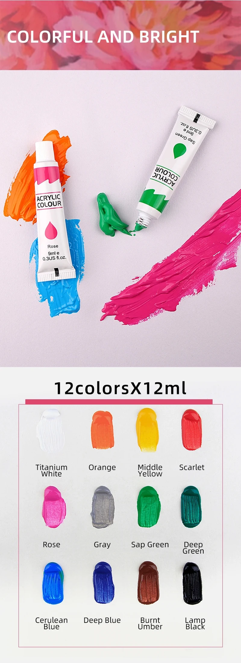 12 Colors 9mL Acrylic Pigment for Student Art, Graffiti Painting, DIY Pigment, Hand Painted Walls