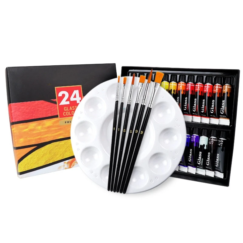 12 24 Colors Stain Glass Paint Set with 6 Nylon Brushes, 1 Palette, Waterproof Acrylic Enamel Painting Kit for Art Supplies