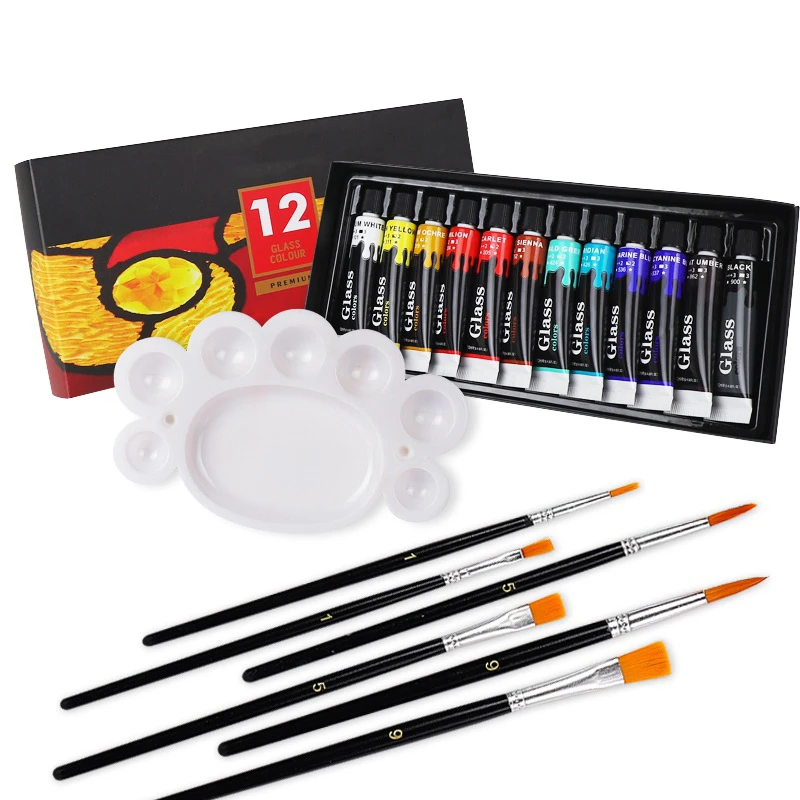 12 24 Colors Stain Glass Paint Set with 6 Nylon Brushes, 1 Palette, Waterproof Acrylic Enamel Painting Kit for Art Supplies