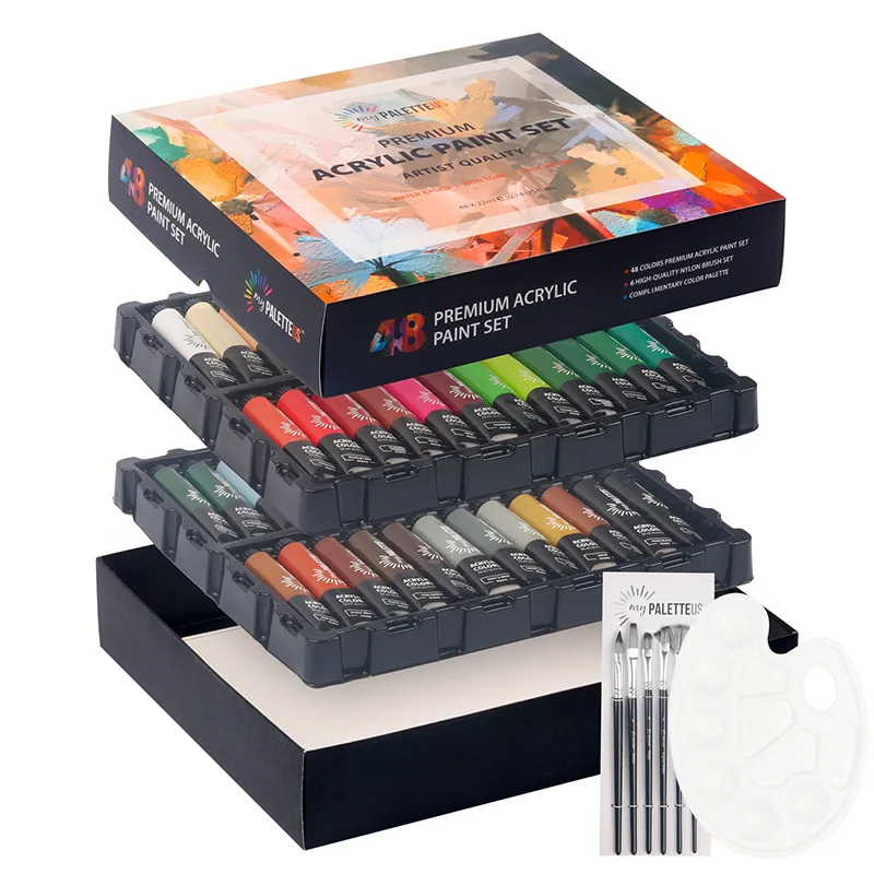 48 Pcs Acrylic Pigment Set Professional Art Supply with 48 Tubes Each 22ml Drawing Supply Hardcover Set with Extra Air Brushes